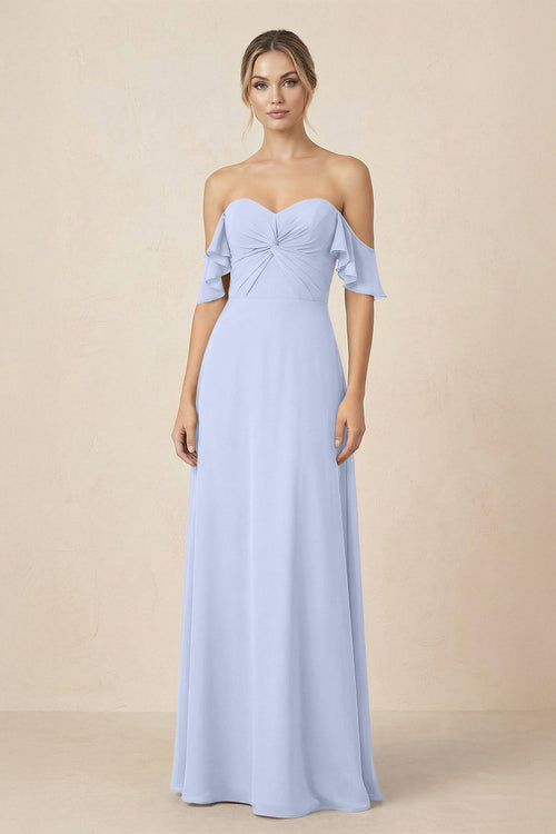 Off-the-Shoulder A-Line Chiffon Ruched Bridesmaid Dress in Ice - KissProm BRIDESMAID DRESSES