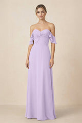 Off-the-Shoulder A-Line Chiffon Ruched Bridesmaid Dress in Lavender - KissProm BRIDESMAID DRESSES