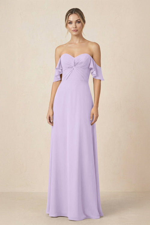 Off-the-Shoulder A-Line Chiffon Ruched Bridesmaid Dress in Lavender - KissProm BRIDESMAID DRESSES