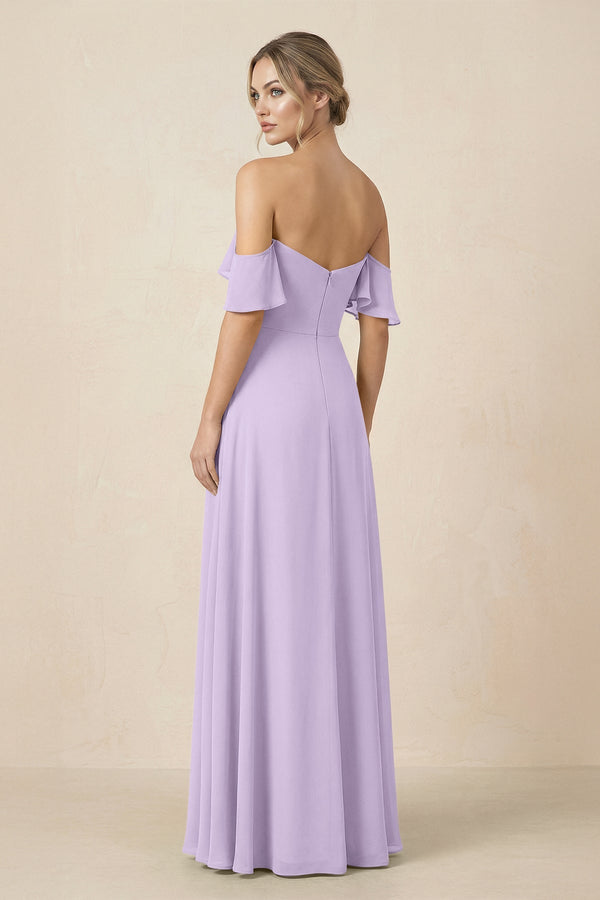 Off-the-Shoulder A-Line Chiffon Ruched Bridesmaid Dress in Lavender - KissProm BRIDESMAID DRESSES