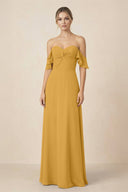 Off-the-Shoulder A-Line Chiffon Ruched Bridesmaid Dress in Marigold - KissProm BRIDESMAID DRESSES