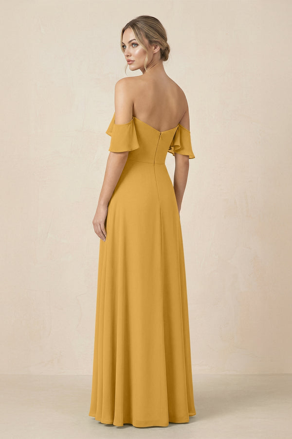 Off-the-Shoulder A-Line Chiffon Ruched Bridesmaid Dress in Marigold - KissProm BRIDESMAID DRESSES