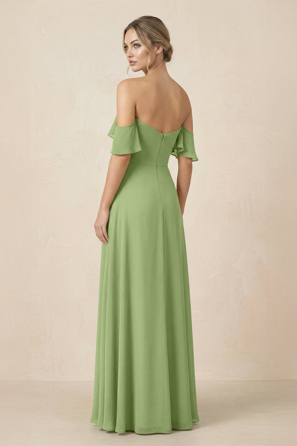 Off-the-Shoulder A-Line Chiffon Ruched Bridesmaid Dress in Matcha - KissProm BRIDESMAID DRESSES