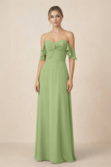 Off-the-Shoulder A-Line Chiffon Ruched Bridesmaid Dress in Matcha - KissProm BRIDESMAID DRESSES