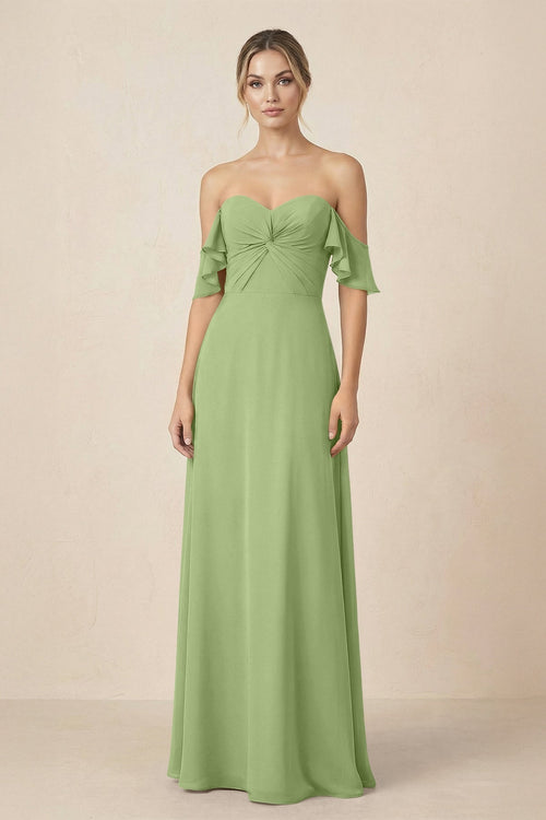 Off-the-Shoulder A-Line Chiffon Ruched Bridesmaid Dress in Matcha - KissProm BRIDESMAID DRESSES