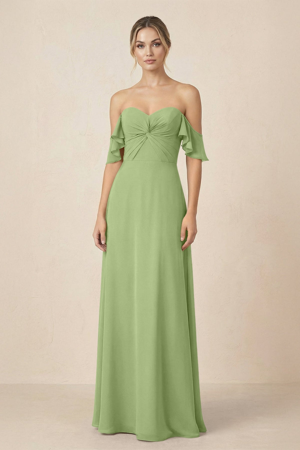 Off-the-Shoulder A-Line Chiffon Ruched Bridesmaid Dress in Matcha - KissProm BRIDESMAID DRESSES