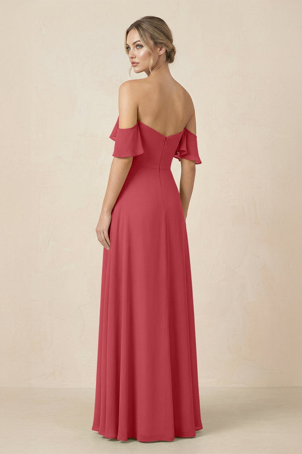 Off-the-Shoulder A-Line Chiffon Ruched Bridesmaid Dress in Merlot - KissProm BRIDESMAID DRESSES