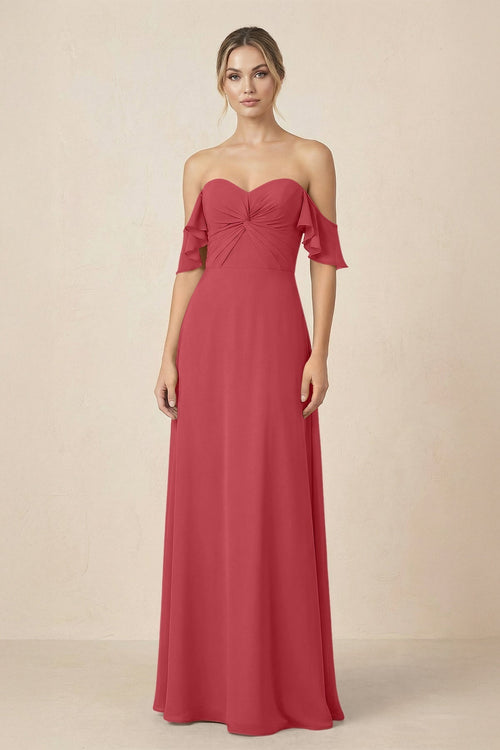 Off-the-Shoulder A-Line Chiffon Ruched Bridesmaid Dress in Merlot - KissProm BRIDESMAID DRESSES