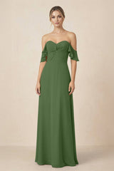 Off-the-Shoulder A-Line Chiffon Ruched Bridesmaid Dress in Moss - KissProm BRIDESMAID DRESSES