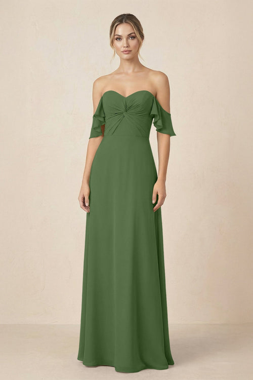 Off-the-Shoulder A-Line Chiffon Ruched Bridesmaid Dress in Moss - KissProm BRIDESMAID DRESSES