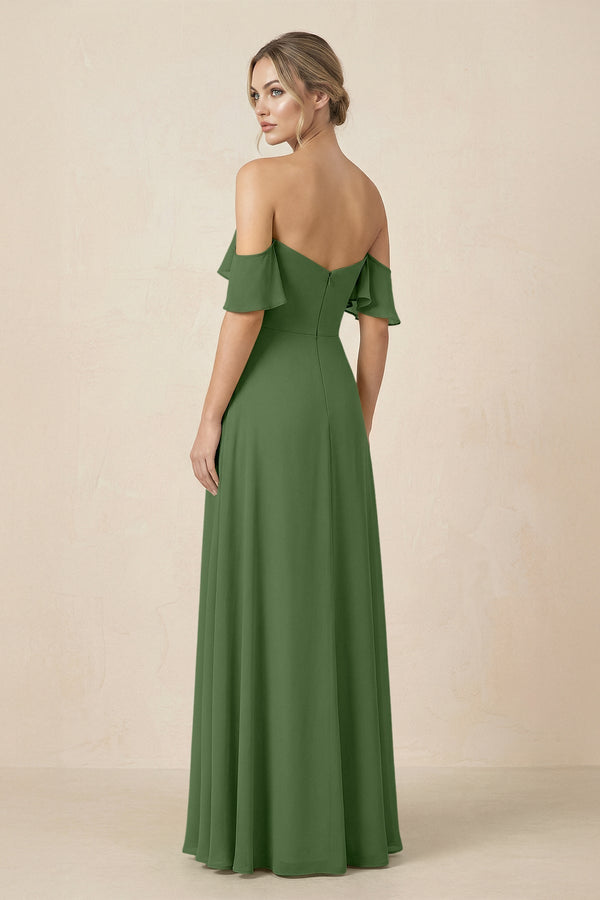 Off-the-Shoulder A-Line Chiffon Ruched Bridesmaid Dress in Moss - KissProm BRIDESMAID DRESSES