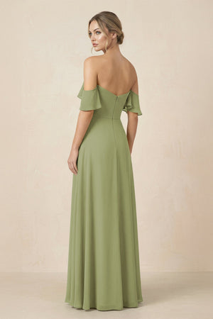 Off-the-Shoulder A-Line Chiffon Ruched Bridesmaid Dress in Moss Green - KissProm BRIDESMAID DRESSES