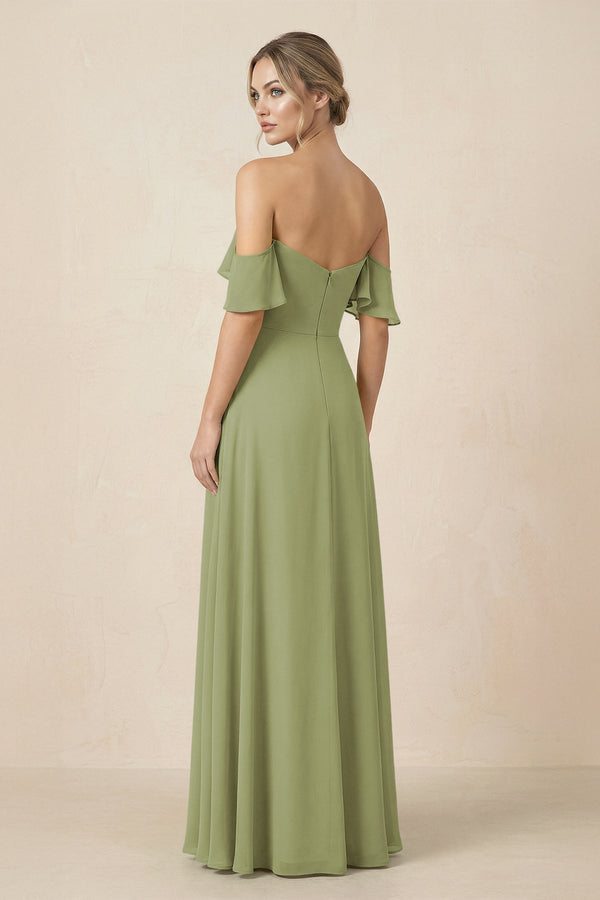Off-the-Shoulder A-Line Chiffon Ruched Bridesmaid Dress in Moss Green - KissProm BRIDESMAID DRESSES