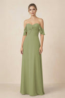 Off-the-Shoulder A-Line Chiffon Ruched Bridesmaid Dress in Moss Green - KissProm BRIDESMAID DRESSES