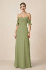 Off-the-Shoulder A-Line Chiffon Ruched Bridesmaid Dress in Moss Green - KissProm BRIDESMAID DRESSES