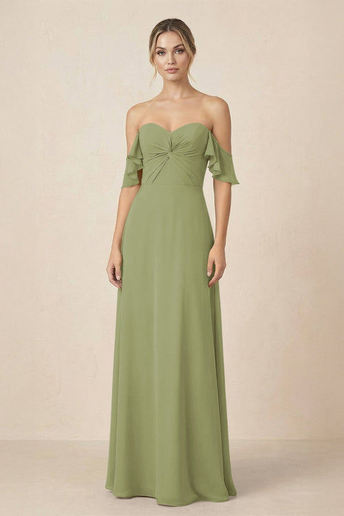 Off-the-Shoulder A-Line Chiffon Ruched Bridesmaid Dress in Moss Green - KissProm BRIDESMAID DRESSES