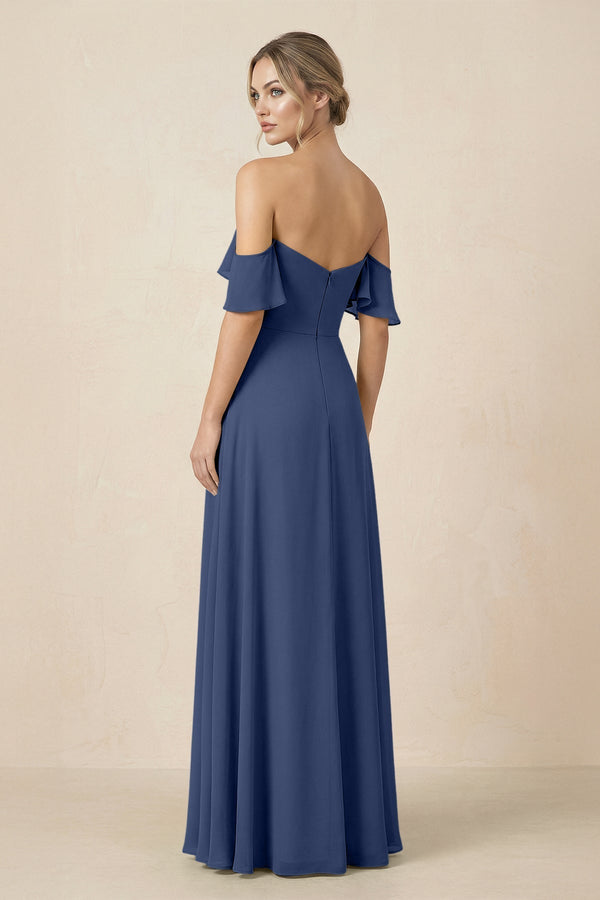 Off-the-Shoulder A-Line Chiffon Ruched Bridesmaid Dress in Navy - KissProm BRIDESMAID DRESSES