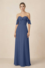 Off-the-Shoulder A-Line Chiffon Ruched Bridesmaid Dress in Navy - KissProm BRIDESMAID DRESSES