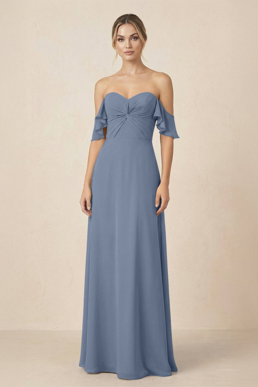 Off-the-Shoulder A-Line Chiffon Ruched Bridesmaid Dress in Neptune - KissProm BRIDESMAID DRESSES