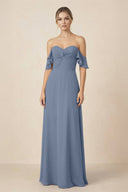 Off-the-Shoulder A-Line Chiffon Ruched Bridesmaid Dress in Neptune - KissProm BRIDESMAID DRESSES