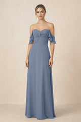 Off-the-Shoulder A-Line Chiffon Ruched Bridesmaid Dress in Neptune - KissProm BRIDESMAID DRESSES