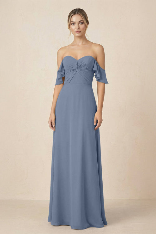 Off-the-Shoulder A-Line Chiffon Ruched Bridesmaid Dress in Neptune - KissProm BRIDESMAID DRESSES