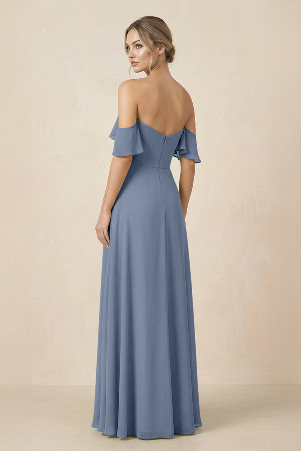 Off-the-Shoulder A-Line Chiffon Ruched Bridesmaid Dress in Neptune - KissProm BRIDESMAID DRESSES
