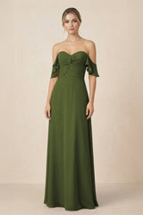 Off-the-Shoulder A-Line Chiffon Ruched Bridesmaid Dress in Olive - KissProm BRIDESMAID DRESSES