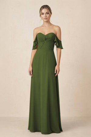 Off-the-Shoulder A-Line Chiffon Ruched Bridesmaid Dress in Olive - KissProm BRIDESMAID DRESSES