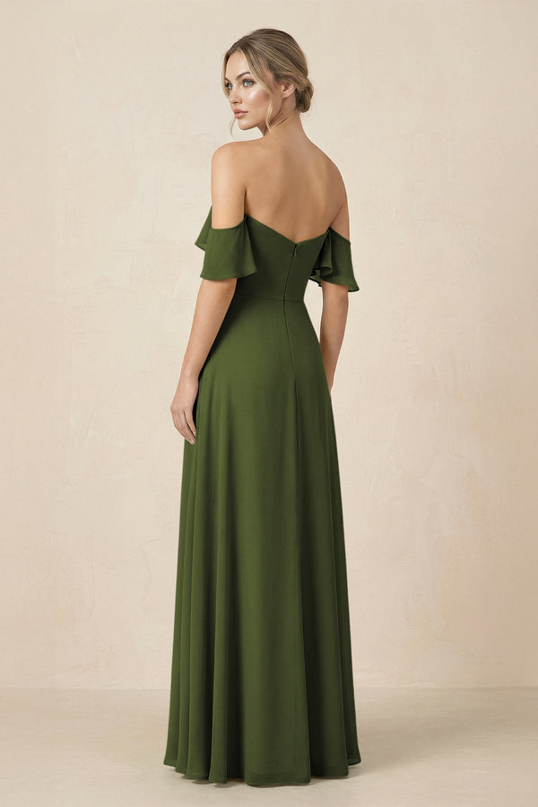 Off-the-Shoulder A-Line Chiffon Ruched Bridesmaid Dress in Olive - KissProm BRIDESMAID DRESSES