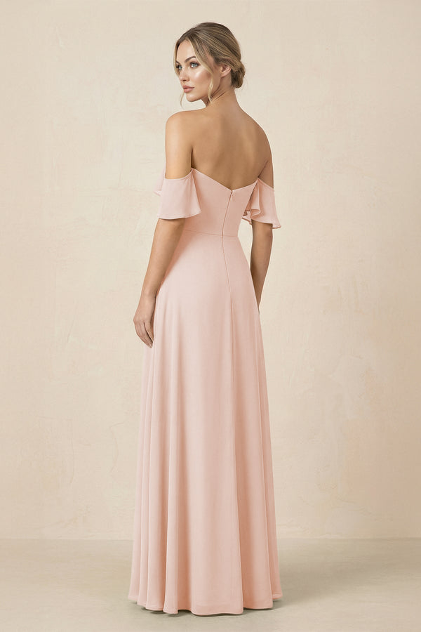Off-the-Shoulder A-Line Chiffon Ruched Bridesmaid Dress in Pale Blush - KissProm BRIDESMAID DRESSES
