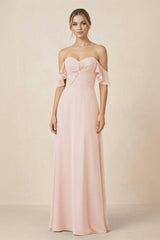 Off-the-Shoulder A-Line Chiffon Ruched Bridesmaid Dress in Pale Blush - KissProm BRIDESMAID DRESSES