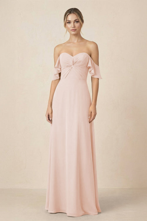 Off-the-Shoulder A-Line Chiffon Ruched Bridesmaid Dress in Pale Blush - KissProm BRIDESMAID DRESSES