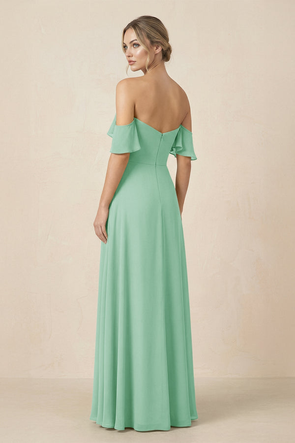 Off-the-Shoulder A-Line Chiffon Ruched Bridesmaid Dress in Pale Pistachio - KissProm BRIDESMAID DRESSES