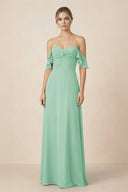 Off-the-Shoulder A-Line Chiffon Ruched Bridesmaid Dress in Pale Pistachio - KissProm BRIDESMAID DRESSES