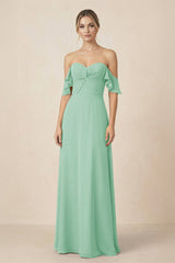 Off-the-Shoulder A-Line Chiffon Ruched Bridesmaid Dress in Pale Pistachio - KissProm BRIDESMAID DRESSES