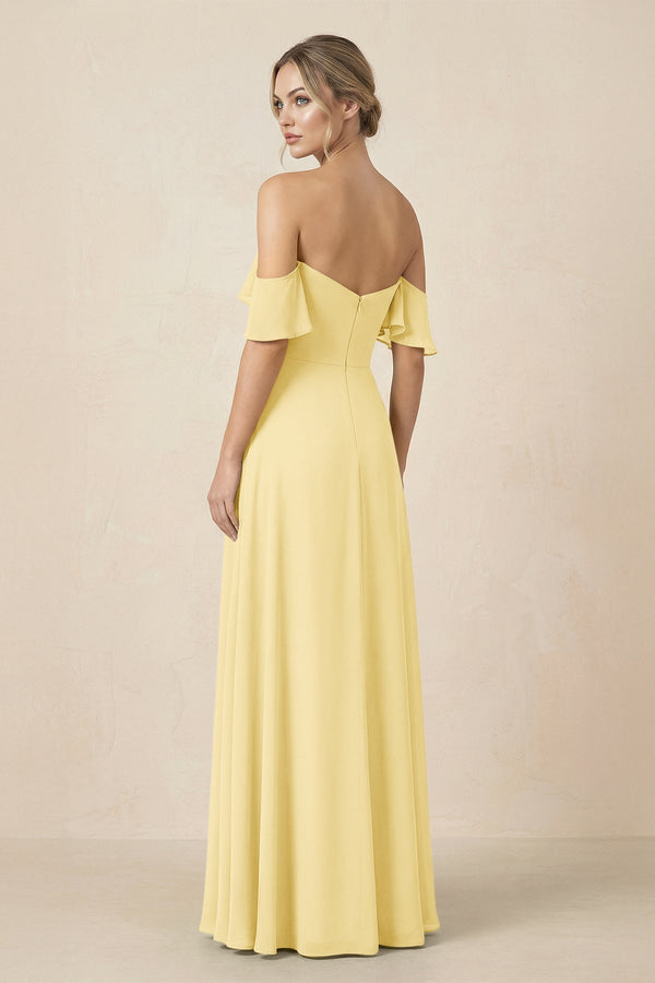 Off-the-Shoulder A-Line Chiffon Ruched Bridesmaid Dress in Pastel Yellow - KissProm BRIDESMAID DRESSES