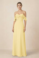 Off-the-Shoulder A-Line Chiffon Ruched Bridesmaid Dress in Pastel Yellow - KissProm BRIDESMAID DRESSES