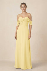 Off-the-Shoulder A-Line Chiffon Ruched Bridesmaid Dress in Pastel Yellow - KissProm BRIDESMAID DRESSES