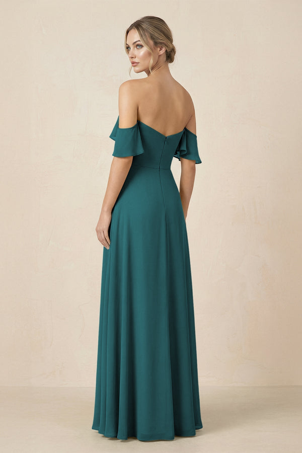 Off-the-Shoulder A-Line Chiffon Ruched Bridesmaid Dress in Pine - KissProm BRIDESMAID DRESSES