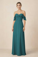 Off-the-Shoulder A-Line Chiffon Ruched Bridesmaid Dress in Pine - KissProm BRIDESMAID DRESSES
