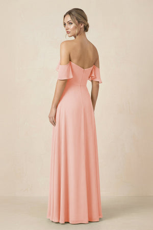 Off-the-Shoulder A-Line Chiffon Ruched Bridesmaid Dress in Rose Petal - KissProm BRIDESMAID DRESSES