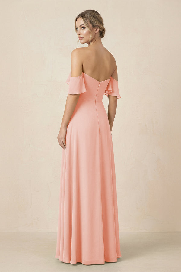 Off-the-Shoulder A-Line Chiffon Ruched Bridesmaid Dress in Rose Petal - KissProm BRIDESMAID DRESSES