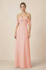 Off-the-Shoulder A-Line Chiffon Ruched Bridesmaid Dress in Rose Petal - KissProm BRIDESMAID DRESSES