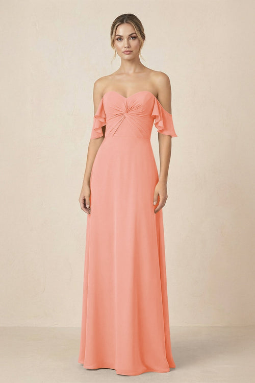 Off-the-Shoulder A-Line Chiffon Ruched Bridesmaid Dress in Rosette - KissProm BRIDESMAID DRESSES