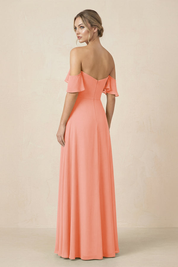 Off-the-Shoulder A-Line Chiffon Ruched Bridesmaid Dress in Rosette - KissProm BRIDESMAID DRESSES