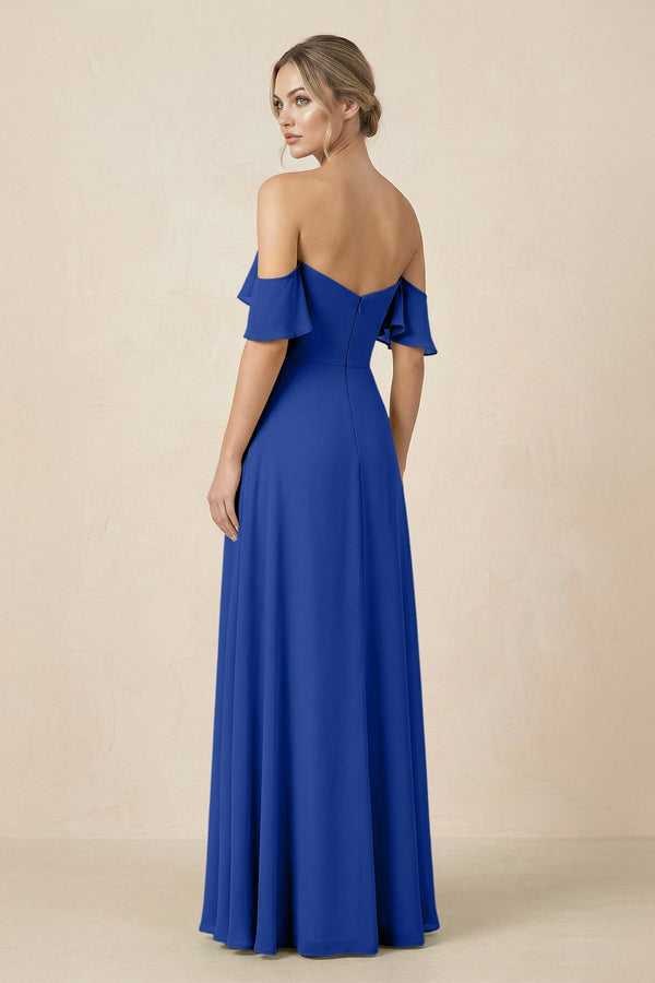 Off-the-Shoulder A-Line Chiffon Ruched Bridesmaid Dress in Royal Blue - KissProm BRIDESMAID DRESSES