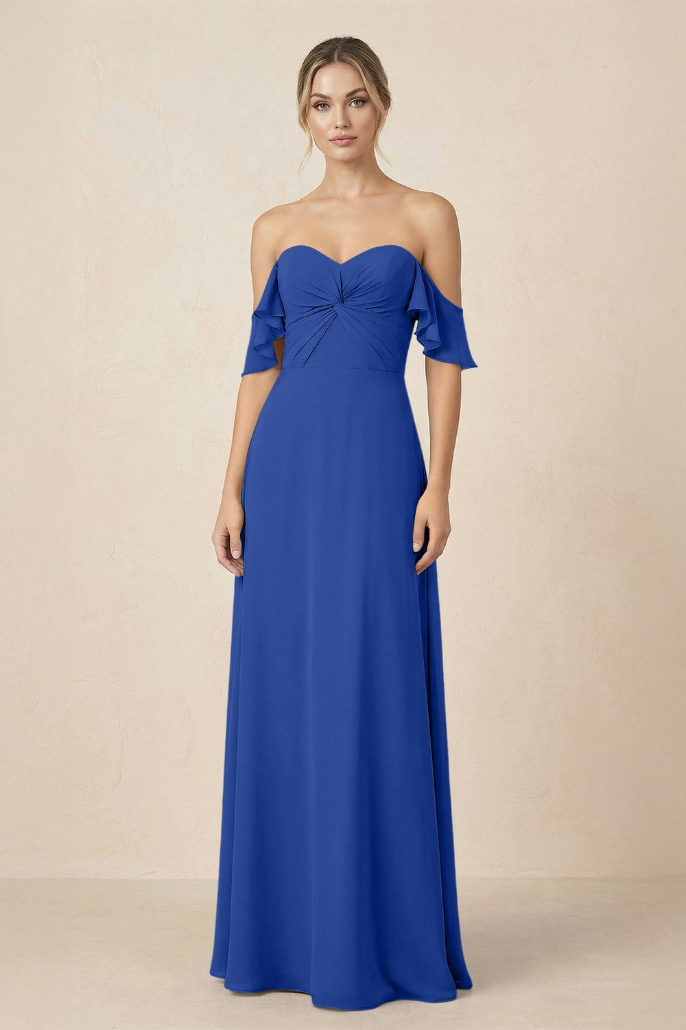 Off-the-Shoulder A-Line Chiffon Ruched Bridesmaid Dress in Royal Blue - KissProm BRIDESMAID DRESSES