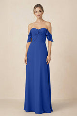 Off-the-Shoulder A-Line Chiffon Ruched Bridesmaid Dress in Royal Blue - KissProm BRIDESMAID DRESSES