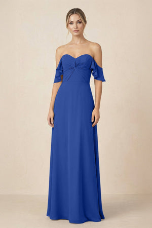 Off-the-Shoulder A-Line Chiffon Ruched Bridesmaid Dress in Royal Blue - KissProm BRIDESMAID DRESSES